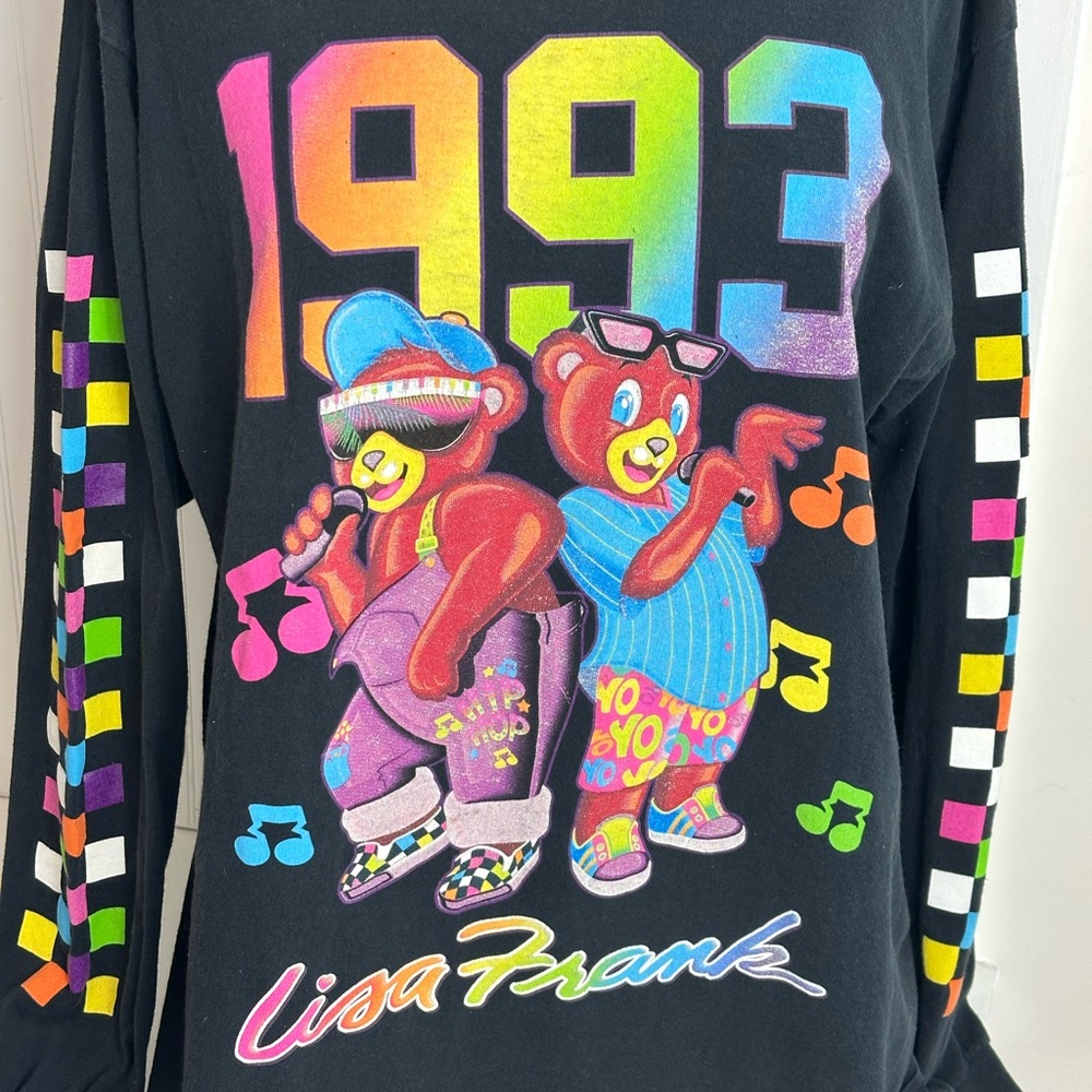 Lisa Frank Black Long Sleeve Tee with Neon Rainbow 1993 Bear Graphic - Picture 3 of 13